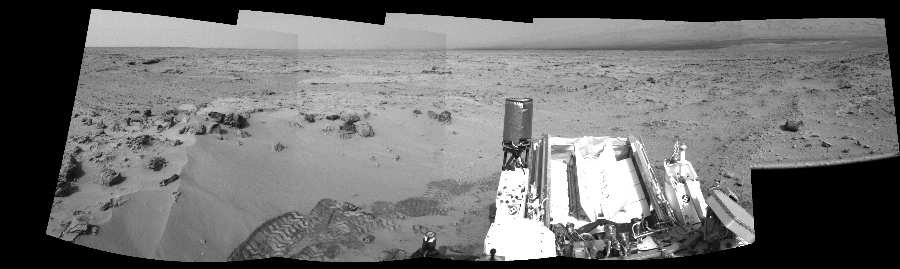 NASA's Mars rover Curiosity took 5 images in Gale Crater using its mast-mounted Right Navigation Camera (Navcam) to create this mosaic. The seam-corrected mosaic provides a 180-degree cylindrical-perspective projection panorama of the Martian surface suitable for stereo viewing, centered at 161 degrees azimuth (measured clockwise from north). This single-eye view must be combined with the partner left image to be viewed in stereo. Curiosity took the images on November 17, 2012, Sol 100 of the Mars Science Laboratory mission at drive 178, site number 5. The local mean solar time for the image exposures was 3 PM. Each Navcam image has a 45-degree field of view. CREDIT: NASA/JPL-Caltech