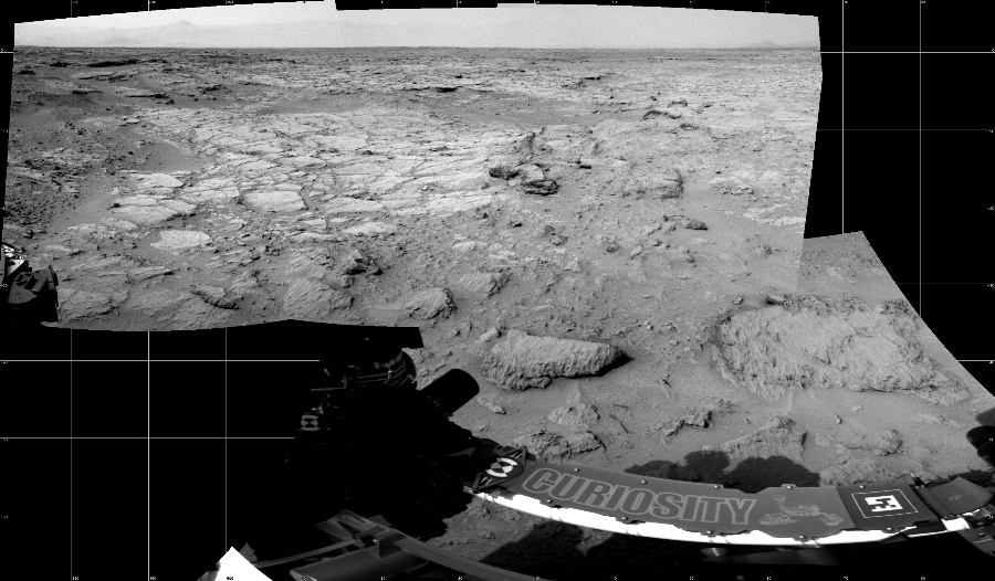 NASA's Mars rover Curiosity took 5 images in Gale Crater using its mast-mounted Left Navigation Camera (Navcam) to create this mosaic. The seam-corrected mosaic provides a 129-degree cylindrical projection panorama of the Martian surface centered at 25 degrees azimuth (measured clockwise from north). Curiosity took the images on November 28, 2012, Sol 111 of the Mars Science Laboratory mission at drive 406, site number 5. The local mean solar time for the image exposures was 2 PM. Each Navcam image has a 45 degree field of view. CREDIT: NASA/JPL-Caltech