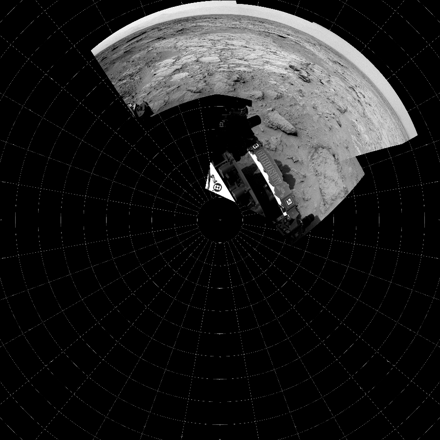 NASA's Mars rover Curiosity took 5 images in Gale Crater using its mast-mounted Left Navigation Camera (Navcam) to create this mosaic. The seam-corrected mosaic provides a polar stereographic projection panorama of the Martian surface with 0 degrees azimuth (measured clockwise from north) at the top of the image. Curiosity took the images on November 28, 2012, Sol 111 of the Mars Science Laboratory mission at drive 406, site number 5. The local mean solar time for the image exposures was 2 PM. Each Navcam image has a 45-degree field of view. CREDIT: NASA/JPL-Caltech