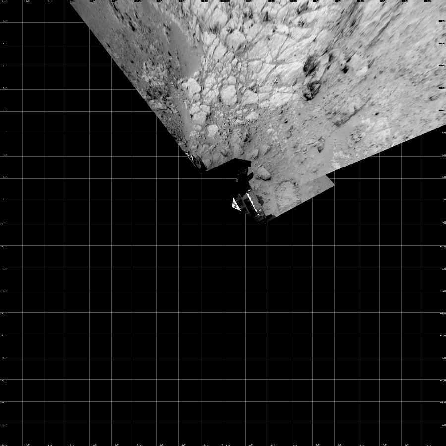 NASA's Mars rover Curiosity took 5 images in Gale Crater using its mast-mounted Left Navigation Camera (Navcam) to create this mosaic. The seam-corrected mosaic provides a vertical projection of the Martian surface near the rover, covering an area of 20 meters (north/south) by 20 meters (east/west). North is up in the image. This projection provides an overhead view, but introduces distortion for items not on the surface, such as large rocks and the rover itself.  Curiosity took the images on November 28, 2012, Sol 111 of the Mars Science Laboratory mission at drive 406, site number 5. The local mean solar time for the image exposures was 2 PM. Each Navcam image has a 45-degree field of view. CREDIT: NASA/JPL-Caltech