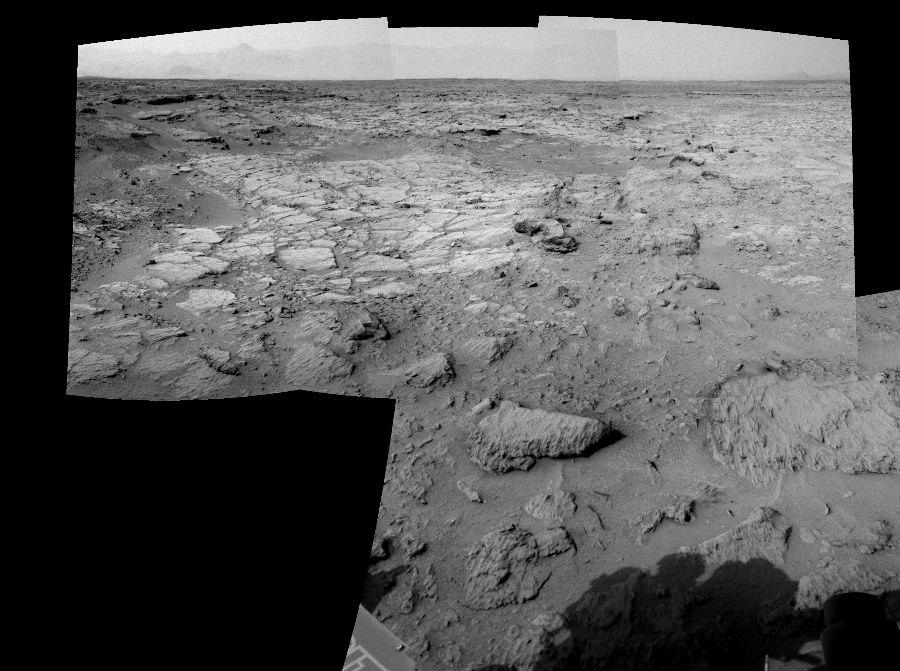 NASA's Mars rover Curiosity took 5 images in Gale Crater using its mast-mounted Right Navigation Camera (Navcam) to create this mosaic. The seam-corrected mosaic provides a 121-degree cylindrical-perspective projection panorama of the Martian surface suitable for stereo viewing, centered at 357 degrees azimuth (measured clockwise from north). This single-eye view must be combined with the partner left image to be viewed in stereo.  Curiosity took the images on November 28, 2012, Sol 111 of the Mars Science Laboratory mission at drive 406, site number 5. The local mean solar time for the image exposures was 2 PM. Each Navcam image has a 45-degree field of view. CREDIT: NASA/JPL-Caltech