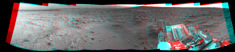 NASA's Mars rover Curiosity took 7 image pairs in Gale Crater using its mast-mounted Navigation Camera (Navcam) to create this mosaic. The seam-corrected mosaic provides a 245-degree cylindrical perspective projection panorama of the Martian surface suitable for stereo viewing, centered at 138 degrees azimuth (measured clockwise from north). This anaglyph must be viewed with red/blue glasses (red over left eye). Curiosity took the images on November 30, 2012, Sol 113 of the Mars Science Laboratory mission at drive 432, site number 5. The local mean solar time for the image exposures was 4 PM. Each Navcam image has a 45-degree field of view. CREDIT: NASA/JPL-Caltech