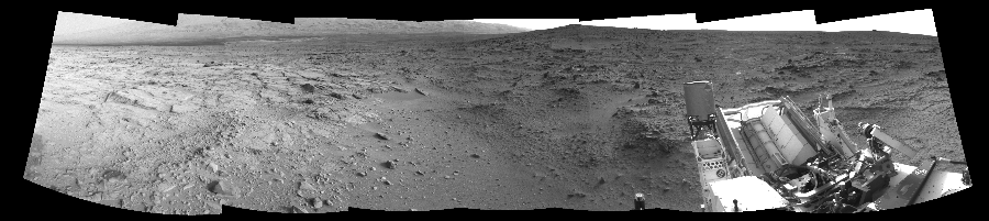 NASA's Mars rover Curiosity took 7 images in Gale Crater using its mast-mounted Left Navigation Camera (Navcam) to create this mosaic. The seam-corrected mosaic provides a 245-degree cylindrical-perspective projection panorama of the Martian surface suitable for stereo viewing, centered at 138 degrees azimuth (measured clockwise from north). This single-eye view must be combined with the partner right image to be viewed in stereo.  Curiosity took the images on November 30, 2012, Sol 113 of the Mars Science Laboratory mission at drive 432, site number 5. The local mean solar time for the image exposures was 4 PM. Each Navcam image has a 45-degree field of view. CREDIT: NASA/JPL-Caltech