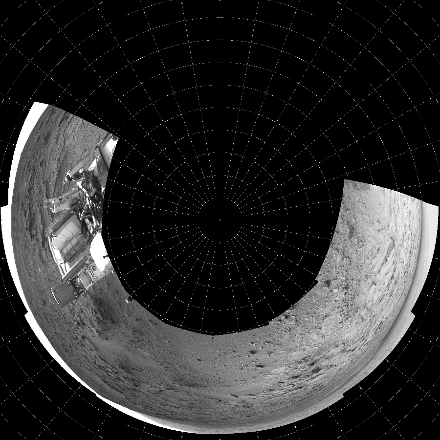 NASA's Mars rover Curiosity took 7 images in Gale Crater using its mast-mounted Left Navigation Camera (Navcam) to create this mosaic. The seam-corrected mosaic provides a polar stereographic projection panorama of the Martian surface with 0 degrees azimuth (measured clockwise from north) at the top of the image. Curiosity took the images on November 30, 2012, Sol 113 of the Mars Science Laboratory mission at drive 432, site number 5. The local mean solar time for the image exposures was 4 PM. Each Navcam image has a 45-degree field of view. CREDIT: NASA/JPL-Caltech