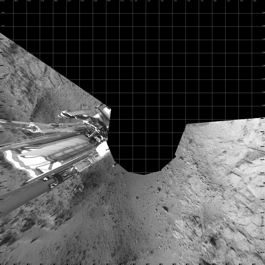 NASA's Mars rover Curiosity took 7 images in Gale Crater using its mast-mounted Left Navigation Camera (Navcam) to create this mosaic. The seam-corrected mosaic provides a vertical projection of the Martian surface near the rover, covering an area of 20 meters (north/south) by 20 meters (east/west). North is up in the image. This projection provides an overhead view, but introduces distortion for items not on the surface, such as large rocks and the rover itself.  Curiosity took the images on November 30, 2012, Sol 113 of the Mars Science Laboratory mission at drive 432, site number 5. The local mean solar time for the image exposures was 4 PM. Each Navcam image has a 45-degree field of view. CREDIT: NASA/JPL-Caltech