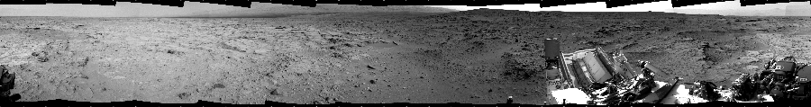 NASA's Mars rover Curiosity took 12 images in Gale Crater using its mast-mounted Left Navigation Camera (Navcam) to create this mosaic. The seam-corrected mosaic provides a 360-degree cylindrical projection panorama of the Martian surface centered at 180 degrees azimuth (measured clockwise from north). Curiosity took the images on December 05, 2012, Sol 118 of the Mars Science Laboratory mission at drive 432, site number 5. The local mean solar time for the image exposures was 2 PM. Each Navcam image has a 45 degree field of view. CREDIT: NASA/JPL-Caltech