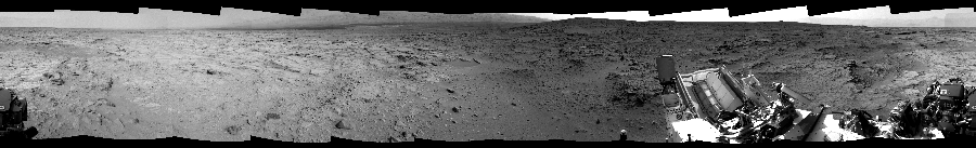 NASA's Mars rover Curiosity took 12 images in Gale Crater using its mast-mounted Left Navigation Camera (Navcam) to create this mosaic. The seam-corrected mosaic provides a 360-degree cylindrical-perspective projection panorama of the Martian surface suitable for stereo viewing, centered at 124 degrees azimuth (measured clockwise from north). This single-eye view must be combined with the partner right image to be viewed in stereo.  Curiosity took the images on December 05, 2012, Sol 118 of the Mars Science Laboratory mission at drive 432, site number 5. The local mean solar time for the image exposures was 2 PM. Each Navcam image has a 45-degree field of view. CREDIT: NASA/JPL-Caltech