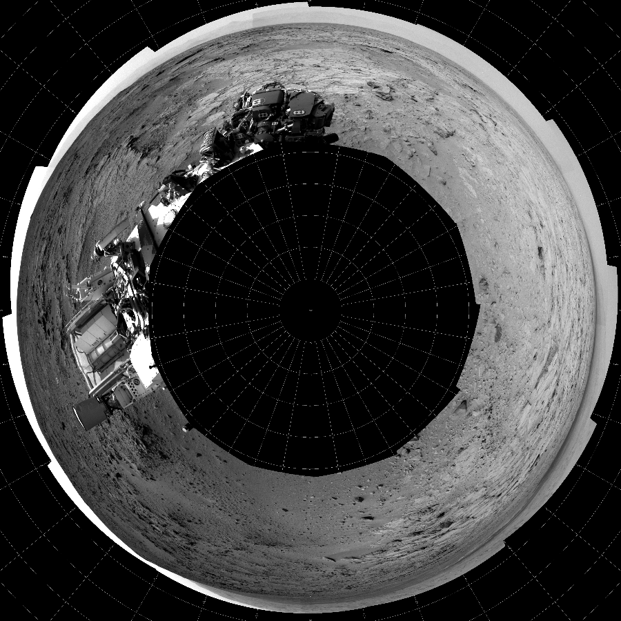 NASA's Mars rover Curiosity took 12 images in Gale Crater using its mast-mounted Left Navigation Camera (Navcam) to create this mosaic. The seam-corrected mosaic provides a polar stereographic projection panorama of the Martian surface with 0 degrees azimuth (measured clockwise from north) at the top of the image. Curiosity took the images on December 05, 2012, Sol 118 of the Mars Science Laboratory mission at drive 432, site number 5. The local mean solar time for the image exposures was 2 PM. Each Navcam image has a 45-degree field of view. CREDIT: NASA/JPL-Caltech
