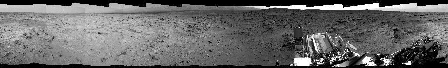 NASA's Mars rover Curiosity took 12 images in Gale Crater using its mast-mounted Right Navigation Camera (Navcam) to create this mosaic. The seam-corrected mosaic provides a 360-degree cylindrical-perspective projection panorama of the Martian surface suitable for stereo viewing, centered at 117 degrees azimuth (measured clockwise from north). This single-eye view must be combined with the partner left image to be viewed in stereo.  Curiosity took the images on December 05, 2012, Sol 118 of the Mars Science Laboratory mission at drive 432, site number 5. The local mean solar time for the image exposures was 2 PM. Each Navcam image has a 45-degree field of view. CREDIT: NASA/JPL-Caltech