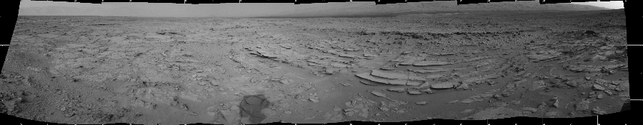 NASA's Mars rover Curiosity took 7 images in Gale Crater using its mast-mounted Left Navigation Camera (Navcam) to create this mosaic. The seam-corrected mosaic provides a 234-degree cylindrical projection panorama of the Martian surface centered at 100 degrees azimuth (measured clockwise from north). Curiosity took the images on December 08, 2012, Sol 120 of the Mars Science Laboratory mission at drive 742, site number 5. The local mean solar time for the image exposures was 3 PM. Each Navcam image has a 45 degree field of view. CREDIT: NASA/JPL-Caltech