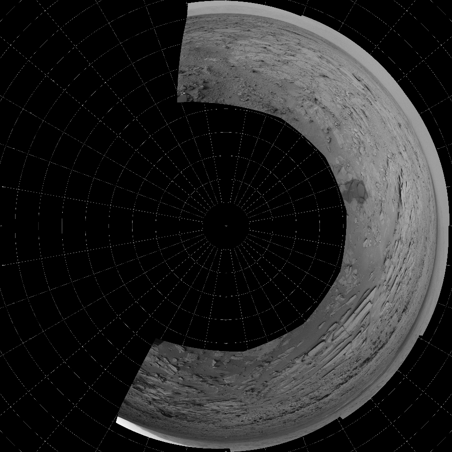 NASA's Mars rover Curiosity took 7 images in Gale Crater using its mast-mounted Left Navigation Camera (Navcam) to create this mosaic. The seam-corrected mosaic provides a polar stereographic projection panorama of the Martian surface with 0 degrees azimuth (measured clockwise from north) at the top of the image. Curiosity took the images on December 08, 2012, Sol 120 of the Mars Science Laboratory mission at drive 742, site number 5. The local mean solar time for the image exposures was 3 PM. Each Navcam image has a 45-degree field of view. CREDIT: NASA/JPL-Caltech