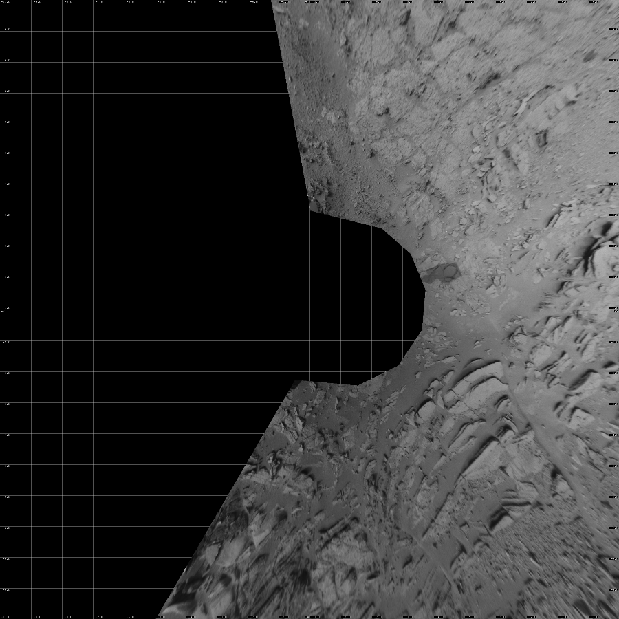 NASA's Mars rover Curiosity took 7 images in Gale Crater using its mast-mounted Left Navigation Camera (Navcam) to create this mosaic. The seam-corrected mosaic provides a vertical projection of the Martian surface near the rover, covering an area of 20 meters (north/south) by 20 meters (east/west). North is up in the image. This projection provides an overhead view, but introduces distortion for items not on the surface, such as large rocks and the rover itself. Curiosity took the images on December 08, 2012, Sol 120 of the Mars Science Laboratory mission at drive 742, site number 5. The local mean solar time for the image exposures was 3 PM. Each Navcam image has a 45-degree field of view. CREDIT: NASA/JPL-Caltech