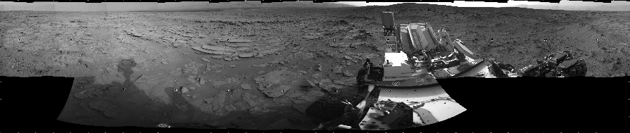 NASA's Mars rover Curiosity took 18 images in Gale Crater using its mast-mounted Right Navigation Camera (Navcam) to create this mosaic. The seam-corrected mosaic provides a 360-degree cylindrical projection panorama of the Martian surface centered at 180 degrees azimuth (measured clockwise from north). Curiosity took the images on December 08, 2012, Sol 120 of the Mars Science Laboratory mission at drive 742, site number 5. The local mean solar time for the image exposures was from 3 PM to 4 PM. Each Navcam image has a 45 degree field of view. CREDIT: NASA/JPL-Caltech