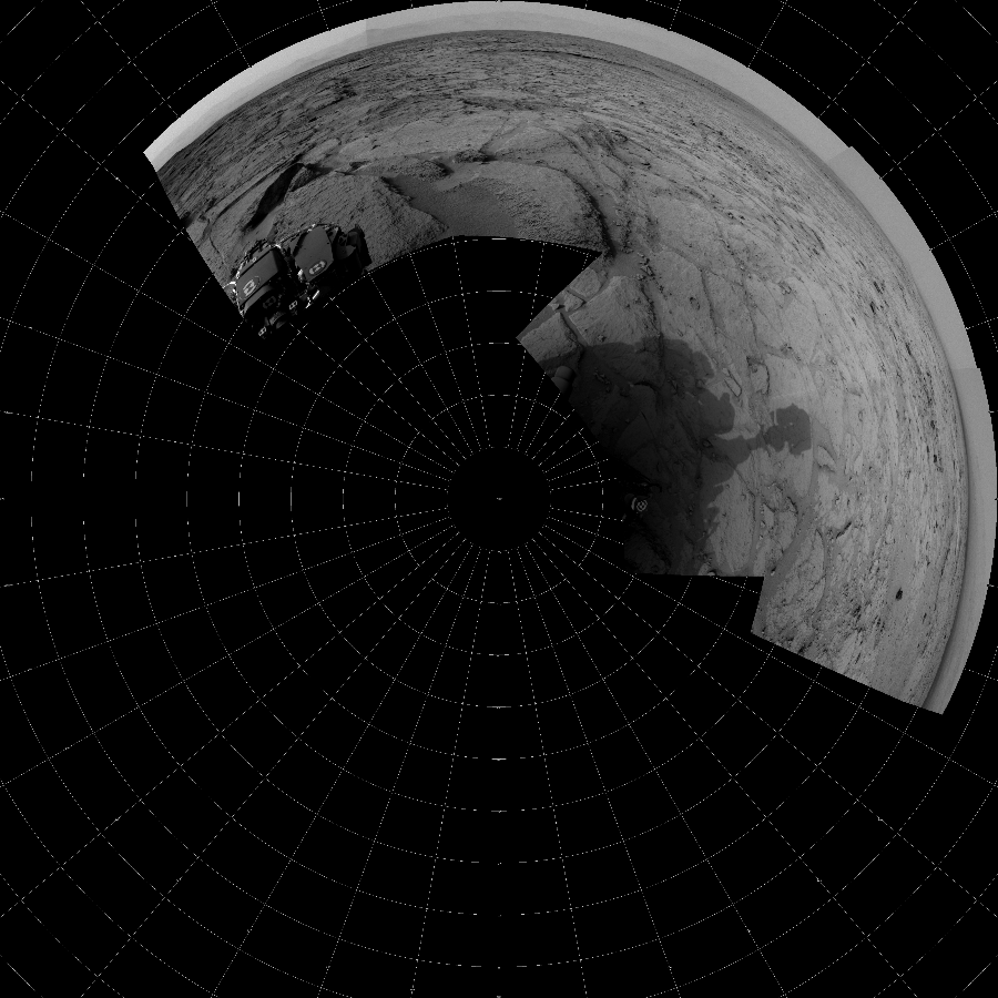 NASA's Mars rover Curiosity took 7 images in Gale Crater using its mast-mounted Left Navigation Camera (Navcam) to create this mosaic. The seam-corrected mosaic provides a polar stereographic projection panorama of the Martian surface with 0 degrees azimuth (measured clockwise from north) at the top of the image. Curiosity took the images on December 09, 2012, Sol 121 of the Mars Science Laboratory mission at drive 926, site number 5. The local mean solar time for the image exposures was 3 PM. Each Navcam image has a 45-degree field of view. CREDIT: NASA/JPL-Caltech