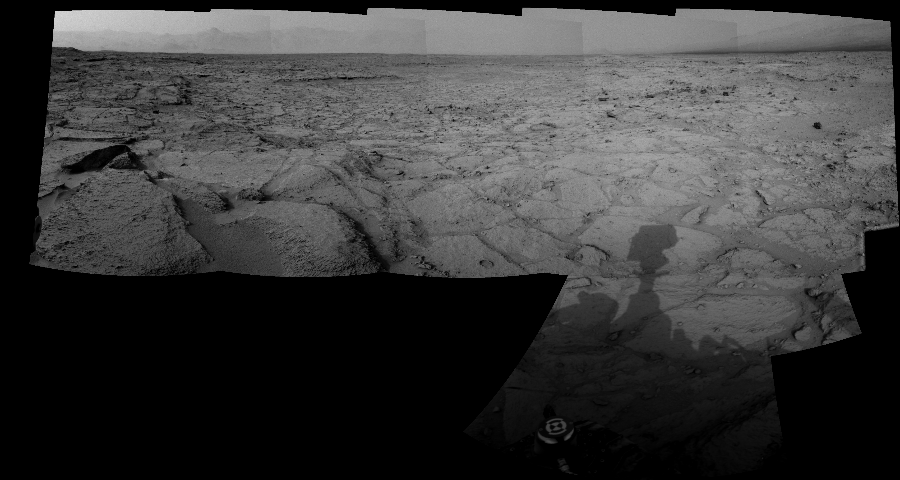 NASA's Mars rover Curiosity took 6 images in Gale Crater using its mast-mounted Right Navigation Camera (Navcam) to create this mosaic. The seam-corrected mosaic provides a 175-degree cylindrical-perspective projection panorama of the Martian surface suitable for stereo viewing, centered at 6 degrees azimuth (measured clockwise from north). This single-eye view must be combined with the partner left image to be viewed in stereo.  Curiosity took the images on December 09, 2012, Sol 121 of the Mars Science Laboratory mission at drive 926, site number 5. The local mean solar time for the image exposures was 3 PM. Each Navcam image has a 45-degree field of view. CREDIT: NASA/JPL-Caltech