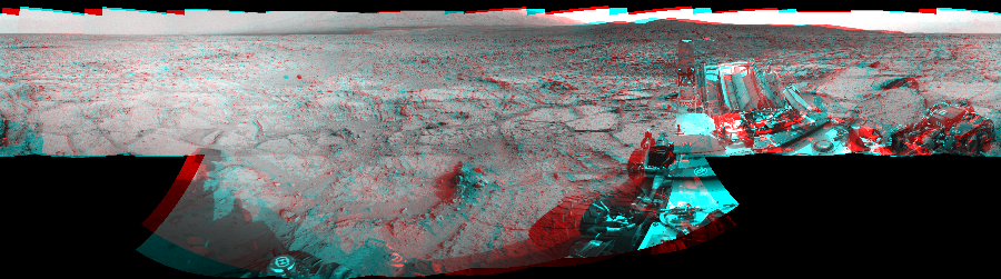NASA's Mars rover Curiosity took 17 image pairs in Gale Crater using its mast-mounted Navigation Camera (Navcam) to create this mosaic. The seam-corrected mosaic provides a 360-degree cylindrical perspective projection panorama of the Martian surface suitable for stereo viewing, centered at 115 degrees azimuth (measured clockwise from north). This anaglyph must be viewed with red/blue glasses (red over left eye).  Curiosity took the images on December 10, 2012, Sol 122 of the Mars Science Laboratory mission at drive 938, site number 5. The local mean solar time for the image exposures was 3 PM. Each Navcam image has a 45-degree field of view. CREDIT: NASA/JPL-Caltech