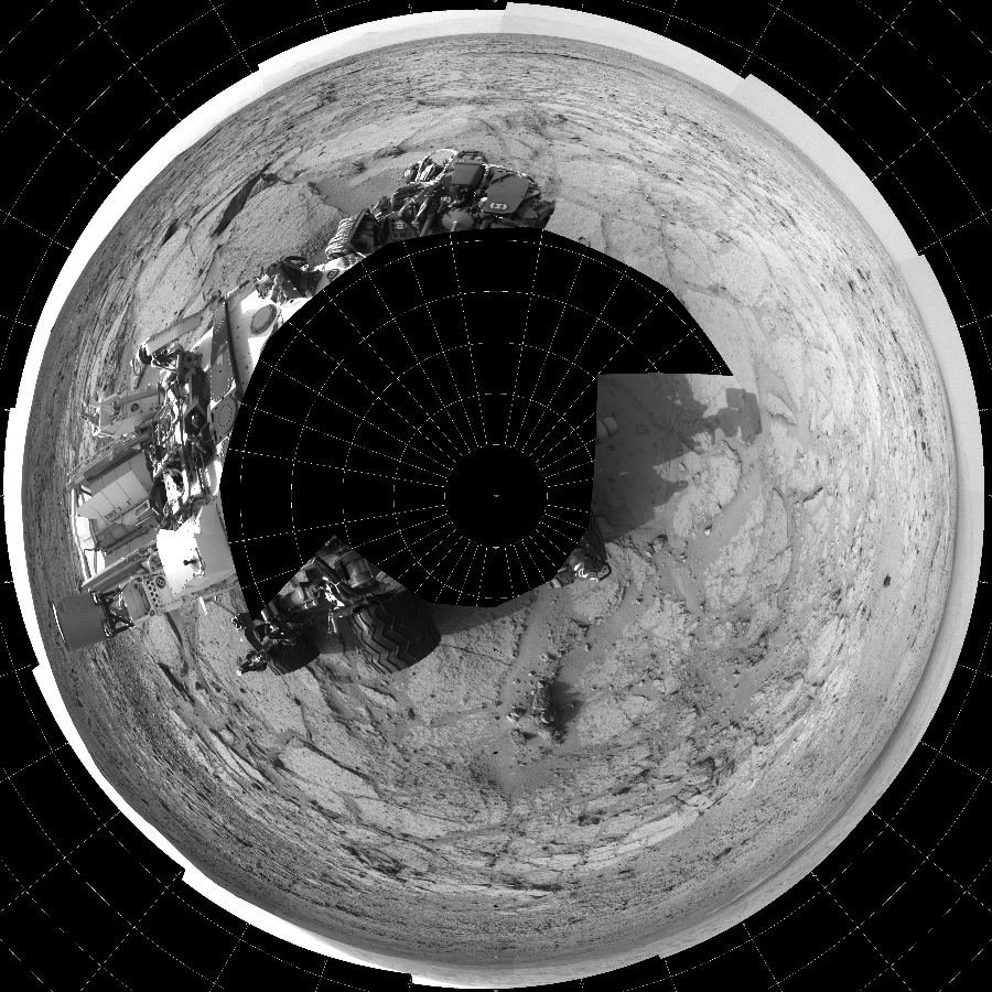 NASA's Mars rover Curiosity took 17 images in Gale Crater using its mast-mounted Left Navigation Camera (Navcam) to create this mosaic. The seam-corrected mosaic provides a polar stereographic projection panorama of the Martian surface with 0 degrees azimuth (measured clockwise from north) at the top of the image. Curiosity took the images on December 10, 2012, Sol 122 of the Mars Science Laboratory mission at drive 938, site number 5. The local mean solar time for the image exposures was 3 PM. Each Navcam image has a 45-degree field of view. CREDIT: NASA/JPL-Caltech