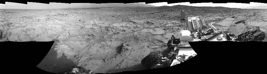 NASA's Mars rover Curiosity took 17 images in Gale Crater using its mast-mounted Right Navigation Camera (Navcam) to create this mosaic. The seam-corrected mosaic provides a 360-degree cylindrical-perspective projection panorama of the Martian surface suitable for stereo viewing, centered at 108 degrees azimuth (measured clockwise from north). This single-eye view must be combined with the partner left image to be viewed in stereo.  Curiosity took the images on December 10, 2012, Sol 122 of the Mars Science Laboratory mission at drive 938, site number 5. The local mean solar time for the image exposures was 3 PM. Each Navcam image has a 45-degree field of view. CREDIT: NASA/JPL-Caltech