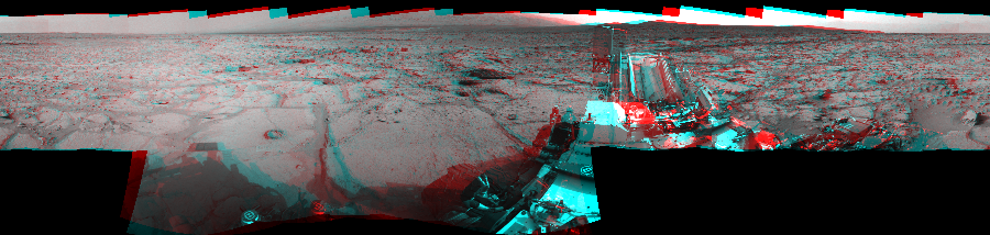 NASA's Mars rover Curiosity took 17 image pairs in Gale Crater using its mast-mounted Navigation Camera (Navcam) to create this mosaic. The seam-corrected mosaic provides a 360-degree cylindrical perspective projection panorama of the Martian surface suitable for stereo viewing, centered at 143 degrees azimuth (measured clockwise from north). This anaglyph must be viewed with red/blue glasses (red over left eye). Curiosity took the images on December 11, 2012, Sol 123 of the Mars Science Laboratory mission at drive 1070, site number 5. The local mean solar time for the image exposures was 3 PM. Each Navcam image has a 45-degree field of view. CREDIT: NASA/JPL-Caltech