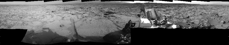 NASA's Mars rover Curiosity took 17 images in Gale Crater using its mast-mounted Left Navigation Camera (Navcam) to create this mosaic. The seam-corrected mosaic provides a 360-degree cylindrical projection panorama of the Martian surface centered at 180 degrees azimuth (measured clockwise from north). Curiosity took the images on December 11, 2012, Sol 123 of the Mars Science Laboratory mission at drive 1070, site number 5. The local mean solar time for the image exposures was 3 PM. Each Navcam image has a 45 degree field of view. CREDIT: NASA/JPL-Caltech