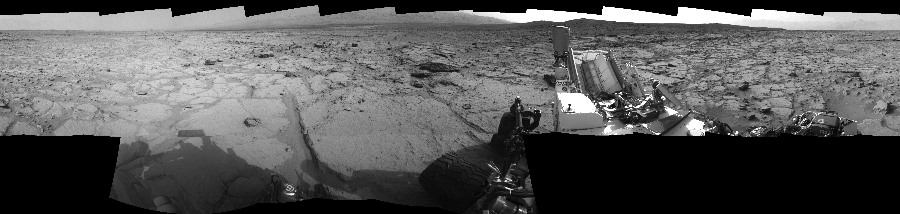 NASA's Mars rover Curiosity took 17 images in Gale Crater using its mast-mounted Left Navigation Camera (Navcam) to create this mosaic. The seam-corrected mosaic provides a 360-degree cylindrical-perspective projection panorama of the Martian surface suitable for stereo viewing, centered at 143 degrees azimuth (measured clockwise from north). This single-eye view must be combined with the partner right image to be viewed in stereo.  Curiosity took the images on December 11, 2012, Sol 123 of the Mars Science Laboratory mission at drive 1070, site number 5. The local mean solar time for the image exposures was 3 PM. Each Navcam image has a 45-degree field of view. CREDIT: NASA/JPL-Caltech