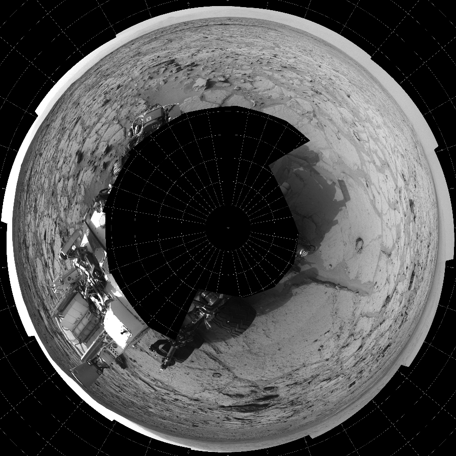 NASA's Mars rover Curiosity took 17 images in Gale Crater using its mast-mounted Left Navigation Camera (Navcam) to create this mosaic. The seam-corrected mosaic provides a polar stereographic projection panorama of the Martian surface with 0 degrees azimuth (measured clockwise from north) at the top of the image. Curiosity took the images on December 11, 2012, Sol 123 of the Mars Science Laboratory mission at drive 1070, site number 5. The local mean solar time for the image exposures was 3 PM. Each Navcam image has a 45-degree field of view. CREDIT: NASA/JPL-Caltech