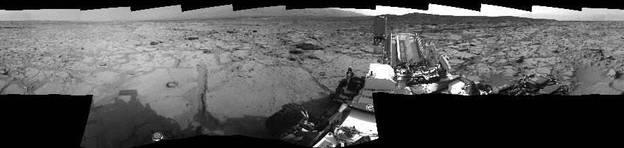 NASA's Mars rover Curiosity took 17 images in Gale Crater using its mast-mounted Right Navigation Camera (Navcam) to create this mosaic. The seam-corrected mosaic provides a 360-degree cylindrical-perspective projection panorama of the Martian surface suitable for stereo viewing, centered at 136 degrees azimuth (measured clockwise from north). This single-eye view must be combined with the partner left image to be viewed in stereo.  Curiosity took the images on December 11, 2012, Sol 123 of the Mars Science Laboratory mission at drive 1070, site number 5. The local mean solar time for the image exposures was 3 PM. Each Navcam image has a 45-degree field of view. CREDIT: NASA/JPL-Caltech