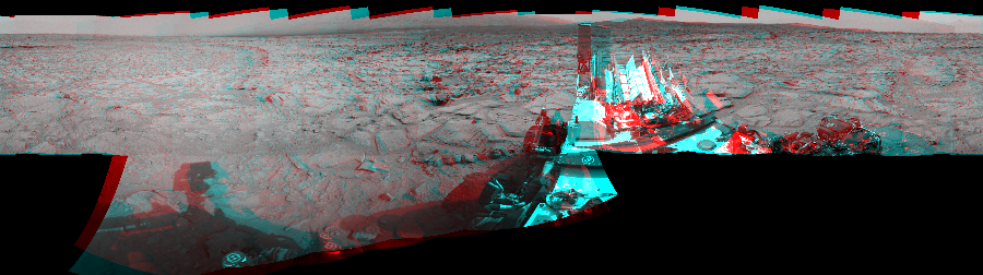 NASA's Mars rover Curiosity took 17 image pairs in Gale Crater using its mast-mounted Navigation Camera (Navcam) to create this mosaic. The seam-corrected mosaic provides a 360-degree cylindrical perspective projection panorama of the Martian surface suitable for stereo viewing, centered at 147 degrees azimuth (measured clockwise from north). This anaglyph must be viewed with red/blue glasses (red over left eye). Curiosity took the images on December 12, 2012, Sols 125-124 of the Mars Science Laboratory mission at drive 1216, site number 5. The local mean solar time for the image exposures was from 11 AM to 2 PM. Each Navcam image has a 45-degree field of view. CREDIT: NASA/JPL-Caltech