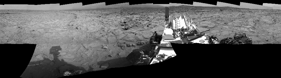 NASA's Mars rover Curiosity took 17 images in Gale Crater using its mast-mounted Right Navigation Camera (Navcam) to create this mosaic. The seam-corrected mosaic provides a 360-degree cylindrical-perspective projection panorama of the Martian surface suitable for stereo viewing, centered at 140 degrees azimuth (measured clockwise from north). This single-eye view must be combined with the partner left image to be viewed in stereo.  Curiosity took the images on December 12, 2012, Sols 125-124 of the Mars Science Laboratory mission at drive 1216, site number 5. The local mean solar time for the image exposures was from 11 AM to 2 PM. Each Navcam image has a 45-degree field of view. CREDIT: NASA/JPL-Caltech