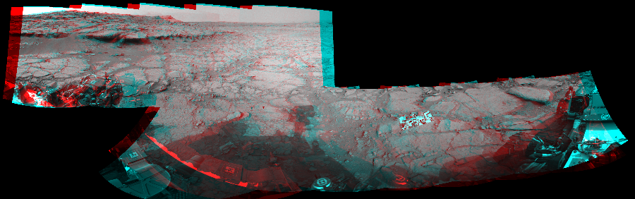 NASA's Mars rover Curiosity took 11 image pairs in Gale Crater using its mast-mounted Navigation Camera (Navcam) to create this mosaic. The seam-corrected mosaic provides a 334-degree cylindrical perspective projection panorama of the Martian surface suitable for stereo viewing, centered at 35 degrees azimuth (measured clockwise from north). This anaglyph must be viewed with red/blue glasses (red over left eye). Curiosity took the images on December 15, 2012, Sol 127 of the Mars Science Laboratory mission at drive 1576, site number 5. The local mean solar time for the image exposures was 3 PM. Each Navcam image has a 45-degree field of view. CREDIT: NASA/JPL-Caltech