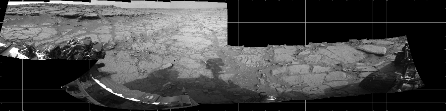 NASA's Mars rover Curiosity took 11 images in Gale Crater using its mast-mounted Left Navigation Camera (Navcam) to create this mosaic. The seam-corrected mosaic provides a 331-degree cylindrical projection panorama of the Martian surface centered at 79 degrees azimuth (measured clockwise from north). Curiosity took the images on December 15, 2012, Sol 127 of the Mars Science Laboratory mission at drive 1576, site number 5. The local mean solar time for the image exposures was 3 PM. Each Navcam image has a 45 degree field of view. CREDIT: NASA/JPL-Caltech