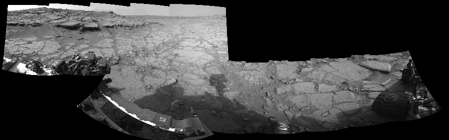 NASA's Mars rover Curiosity took 11 images in Gale Crater using its mast-mounted Left Navigation Camera (Navcam) to create this mosaic. The seam-corrected mosaic provides a 334-degree cylindrical-perspective projection panorama of the Martian surface suitable for stereo viewing, centered at 35 degrees azimuth (measured clockwise from north). This single-eye view must be combined with the partner right image to be viewed in stereo.  Curiosity took the images on December 15, 2012, Sol 127 of the Mars Science Laboratory mission at drive 1576, site number 5. The local mean solar time for the image exposures was 3 PM. Each Navcam image has a 45-degree field of view. CREDIT: NASA/JPL-Caltech