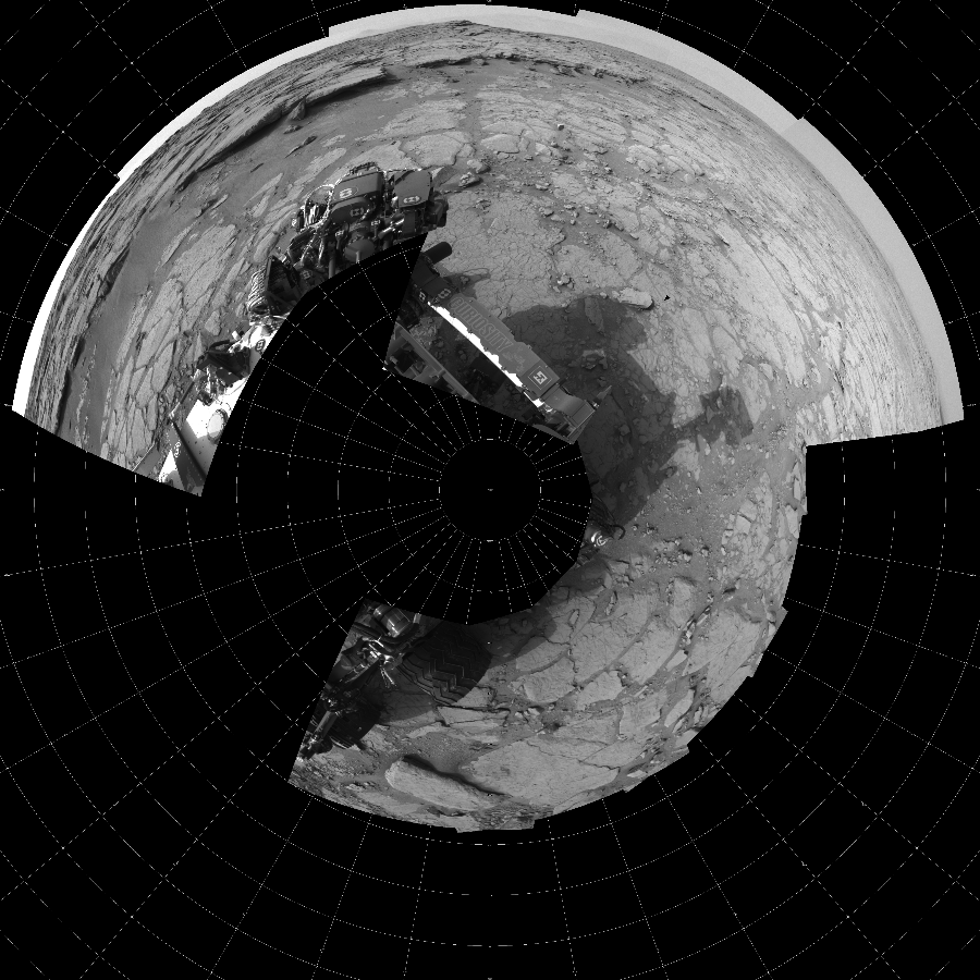 NASA's Mars rover Curiosity took 11 images in Gale Crater using its mast-mounted Left Navigation Camera (Navcam) to create this mosaic. The seam-corrected mosaic provides a polar stereographic projection panorama of the Martian surface with 0 degrees azimuth (measured clockwise from north) at the top of the image. Curiosity took the images on December 15, 2012, Sol 127 of the Mars Science Laboratory mission at drive 1576, site number 5. The local mean solar time for the image exposures was 3 PM. Each Navcam image has a 45-degree field of view. CREDIT: NASA/JPL-Caltech