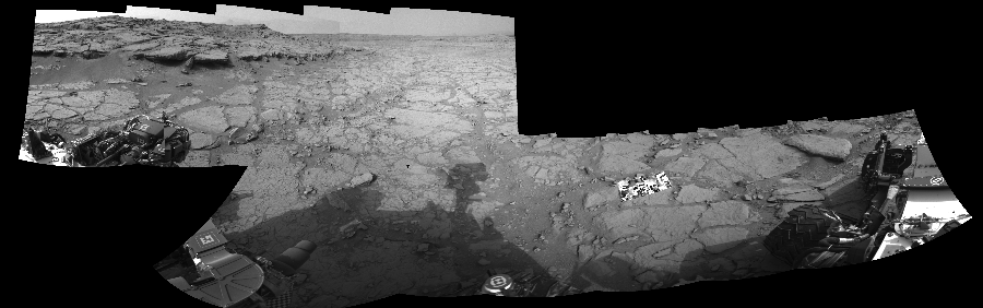 NASA's Mars rover Curiosity took 11 images in Gale Crater using its mast-mounted Right Navigation Camera (Navcam) to create this mosaic. The seam-corrected mosaic provides a 334-degree cylindrical-perspective projection panorama of the Martian surface suitable for stereo viewing, centered at 28 degrees azimuth (measured clockwise from north). This single-eye view must be combined with the partner left image to be viewed in stereo. Curiosity took the images on December 15, 2012, Sol 127 of the Mars Science Laboratory mission at drive 1576, site number 5. The local mean solar time for the image exposures was 3 PM. Each Navcam image has a 45-degree field of view. CREDIT: NASA/JPL-Caltech