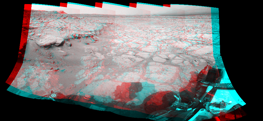 NASA's Mars rover Curiosity took 10 image pairs in Gale Crater using its mast-mounted Navigation Camera (Navcam) to create this mosaic. The seam-corrected mosaic provides a 227-degree cylindrical perspective projection panorama of the Martian surface suitable for stereo viewing, centered at 99 degrees azimuth (measured clockwise from north). This anaglyph must be viewed with red/blue glasses (red over left eye).  Curiosity took the images on December 18, 2012, Sol 130 of the Mars Science Laboratory mission at drive 1662, site number 5. The local mean solar time for the image exposures was from 1 PM to 2 PM. Each Navcam image has a 45-degree field of view. CREDIT: NASA/JPL-Caltech
