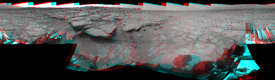 NASA's Mars rover Curiosity took 18 image pairs in Gale Crater using its mast-mounted Navigation Camera (Navcam) to create this mosaic. The seam-corrected mosaic provides a 360-degree cylindrical perspective projection panorama of the Martian surface suitable for stereo viewing, centered at 37 degrees azimuth (measured clockwise from north). This anaglyph must be viewed with red/blue glasses (red over left eye).  Curiosity took the images on December 19, 2012, Sol 131 of the Mars Science Laboratory mission at drive 1662, site number 5. The local mean solar time for the image exposures was 3 PM. Each Navcam image has a 45-degree field of view. CREDIT: NASA/JPL-Caltech