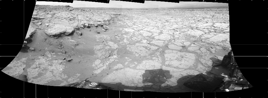 NASA's Mars rover Curiosity took 10 images in Gale Crater using its mast-mounted Left Navigation Camera (Navcam) to create this mosaic. The seam-corrected mosaic provides a 224-degree cylindrical projection panorama of the Martian surface centered at 52 degrees azimuth (measured clockwise from north). Curiosity took the images on December 18, 2012, Sol 130 of the Mars Science Laboratory mission at drive 1662, site number 5. The local mean solar time for the image exposures was from 1 PM to 2 PM. Each Navcam image has a 45 degree field of view. CREDIT: NASA/JPL-Caltech