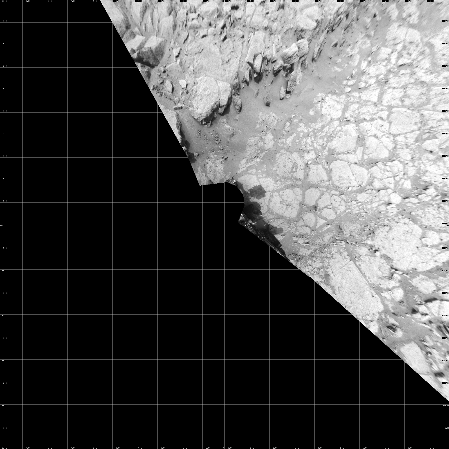 NASA's Mars rover Curiosity took 10 images in Gale Crater using its mast-mounted Left Navigation Camera (Navcam) to create this mosaic. The seam-corrected mosaic provides a vertical projection of the Martian surface near the rover, covering an area of 20 meters (north/south) by 20 meters (east/west). North is up in the image. This projection provides an overhead view, but introduces distortion for items not on the surface, such as large rocks and the rover itself.  Curiosity took the images on December 18, 2012, Sol 130 of the Mars Science Laboratory mission at drive 1662, site number 5. The local mean solar time for the image exposures was from 1 PM to 2 PM. Each Navcam image has a 45-degree field of view. CREDIT: NASA/JPL-Caltech