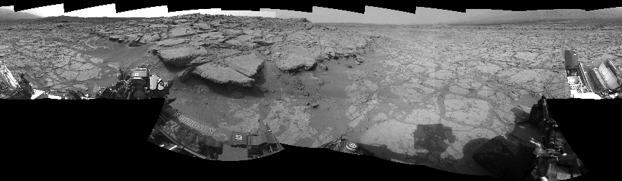 NASA's Mars rover Curiosity took 18 images in Gale Crater using its mast-mounted Left Navigation Camera (Navcam) to create this mosaic. The seam-corrected mosaic provides a 360-degree cylindrical-perspective projection panorama of the Martian surface suitable for stereo viewing, centered at 37 degrees azimuth (measured clockwise from north). This single-eye view must be combined with the partner right image to be viewed in stereo. Curiosity took the images on December 19, 2012, Sol 131 of the Mars Science Laboratory mission at drive 1662, site number 5. The local mean solar time for the image exposures was 3 PM. Each Navcam image has a 45-degree field of view. CREDIT: NASA/JPL-Caltech