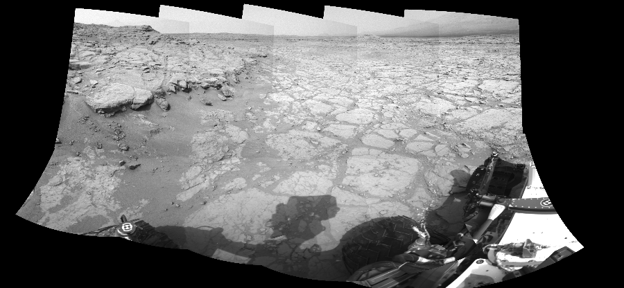 NASA's Mars rover Curiosity took 10 images in Gale Crater using its mast-mounted Right Navigation Camera (Navcam) to create this mosaic. The seam-corrected mosaic provides a 227-degree cylindrical-perspective projection panorama of the Martian surface suitable for stereo viewing, centered at 92 degrees azimuth (measured clockwise from north). This single-eye view must be combined with the partner left image to be viewed in stereo.  Curiosity took the images on December 18, 2012, Sol 130 of the Mars Science Laboratory mission at drive 1662, site number 5. The local mean solar time for the image exposures was from 1 PM to 2 PM. Each Navcam image has a 45-degree field of view. CREDIT: NASA/JPL-Caltech