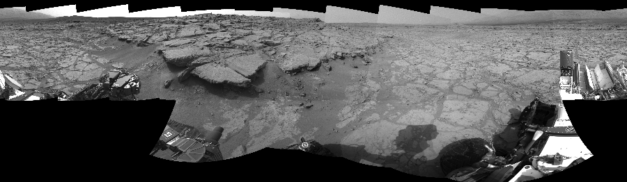 NASA's Mars rover Curiosity took 18 images in Gale Crater using its mast-mounted Right Navigation Camera (Navcam) to create this mosaic. The seam-corrected mosaic provides a 360-degree cylindrical-perspective projection panorama of the Martian surface suitable for stereo viewing, centered at 30 degrees azimuth (measured clockwise from north). This single-eye view must be combined with the partner left image to be viewed in stereo.  Curiosity took the images on December 19, 2012, Sol 131 of the Mars Science Laboratory mission at drive 1662, site number 5. The local mean solar time for the image exposures was 3 PM. Each Navcam image has a 45-degree field of view. CREDIT: NASA/JPL-Caltech