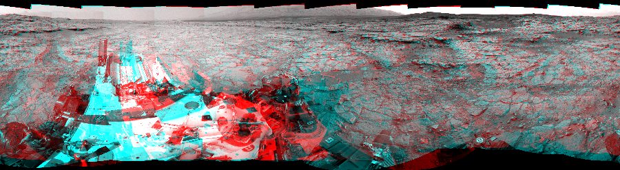 NASA's Mars rover Curiosity took 24 image pairs in Gale Crater using its mast-mounted Navigation Camera (Navcam) to create this mosaic. The seam-corrected mosaic provides a 360-degree cylindrical perspective projection panorama of the Martian surface suitable for stereo viewing, centered at 295 degrees azimuth (measured clockwise from north). This anaglyph must be viewed with red/blue glasses (red over left eye).  Curiosity took the images on December 21, 2012, Sols 133-134 of the Mars Science Laboratory mission at drive 1858, site number 5. The local mean solar time for the image exposures was from 2 PM to 5 PM. Each Navcam image has a 45-degree field of view. CREDIT: NASA/JPL-Caltech