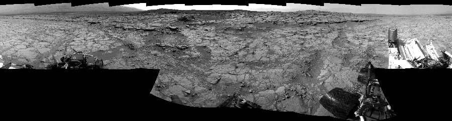 NASA's Mars rover Curiosity took 17 images in Gale Crater using its mast-mounted Left Navigation Camera (Navcam) to create this mosaic. The seam-corrected mosaic provides a 360-degree cylindrical-perspective projection panorama of the Martian surface suitable for stereo viewing, centered at 55 degrees azimuth (measured clockwise from north). This single-eye view must be combined with the partner right image to be viewed in stereo.  Curiosity took the images on December 21, 2012, Sol 133 of the Mars Science Laboratory mission at drive 1858, site number 5. The local mean solar time for the image exposures was from 2 PM to 3 PM. Each Navcam image has a 45-degree field of view. CREDIT: NASA/JPL-Caltech