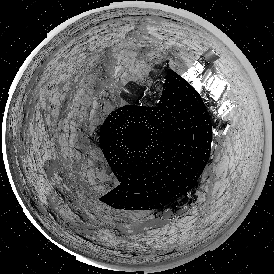 NASA's Mars rover Curiosity took 17 images in Gale Crater using its mast-mounted Left Navigation Camera (Navcam) to create this mosaic. The seam-corrected mosaic provides a polar stereographic projection panorama of the Martian surface with 0 degrees azimuth (measured clockwise from north) at the top of the image. Curiosity took the images on December 21, 2012, Sol 133 of the Mars Science Laboratory mission at drive 1858, site number 5. The local mean solar time for the image exposures was from 2 PM to 3 PM. Each Navcam image has a 45-degree field of view. CREDIT: NASA/JPL-Caltech