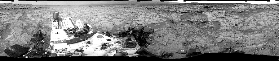 NASA's Mars rover Curiosity took 24 images in Gale Crater using its mast-mounted Left Navigation Camera (Navcam) to create this mosaic. The seam-corrected mosaic provides a 360-degree cylindrical projection panorama of the Martian surface centered at 150 degrees azimuth (measured clockwise from north). Curiosity took the images on December 21, 2012, Sols 133-134 of the Mars Science Laboratory mission at drive 1858, site number 5. The local mean solar time for the image exposures was from 2 PM to 5 PM. Each Navcam image has a 45 degree field of view. CREDIT: NASA/JPL-Caltech