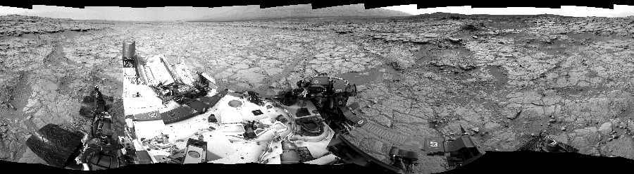 NASA's Mars rover Curiosity took 24 images in Gale Crater using its mast-mounted Left Navigation Camera (Navcam) to create this mosaic. The seam-corrected mosaic provides a 360-degree cylindrical-perspective projection panorama of the Martian surface suitable for stereo viewing, centered at 295 degrees azimuth (measured clockwise from north). This single-eye view must be combined with the partner right image to be viewed in stereo.  Curiosity took the images on December 21, 2012, Sols 133-134 of the Mars Science Laboratory mission at drive 1858, site number 5. The local mean solar time for the image exposures was from 2 PM to 5 PM. Each Navcam image has a 45-degree field of view. CREDIT: NASA/JPL-Caltech