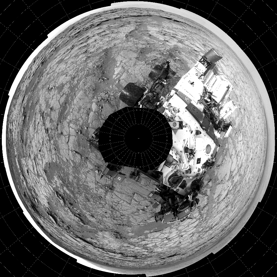 NASA's Mars rover Curiosity took 24 images in Gale Crater using its mast-mounted Left Navigation Camera (Navcam) to create this mosaic. The seam-corrected mosaic provides a polar stereographic projection panorama of the Martian surface with 0 degrees azimuth (measured clockwise from north) at the top of the image. Curiosity took the images on December 21, 2012, Sols 133-134 of the Mars Science Laboratory mission at drive 1858, site number 5. The local mean solar time for the image exposures was from 2 PM to 5 PM. Each Navcam image has a 45-degree field of view. CREDIT: NASA/JPL-Caltech