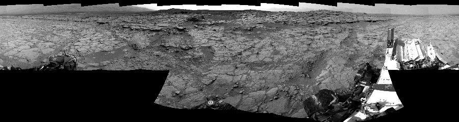 NASA's Mars rover Curiosity took 17 images in Gale Crater using its mast-mounted Right Navigation Camera (Navcam) to create this mosaic. The seam-corrected mosaic provides a 360-degree cylindrical-perspective projection panorama of the Martian surface suitable for stereo viewing, centered at 48 degrees azimuth (measured clockwise from north). This single-eye view must be combined with the partner left image to be viewed in stereo.  Curiosity took the images on December 21, 2012, Sol 133 of the Mars Science Laboratory mission at drive 1858, site number 5. The local mean solar time for the image exposures was from 2 PM to 3 PM. Each Navcam image has a 45-degree field of view. CREDIT: NASA/JPL-Caltech