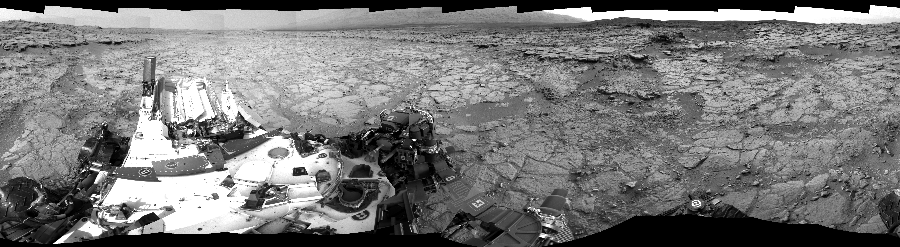 NASA's Mars rover Curiosity took 24 images in Gale Crater using its mast-mounted Right Navigation Camera (Navcam) to create this mosaic. The seam-corrected mosaic provides a 360-degree cylindrical-perspective projection panorama of the Martian surface suitable for stereo viewing, centered at 295 degrees azimuth (measured clockwise from north). This single-eye view must be combined with the partner left image to be viewed in stereo.  Curiosity took the images on December 21, 2012, Sols 133-134 of the Mars Science Laboratory mission at drive 1858, site number 5. The local mean solar time for the image exposures was from 2 PM to 5 PM. Each Navcam image has a 45-degree field of view. CREDIT: NASA/JPL-Caltech