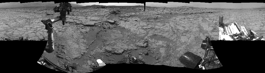 NASA's Mars rover Curiosity took 18 images in Gale Crater using its mast-mounted Left Navigation Camera (Navcam) to create this mosaic. The seam-corrected mosaic provides a 360-degree cylindrical-perspective projection panorama of the Martian surface suitable for stereo viewing, centered at 68 degrees azimuth (measured clockwise from north). This single-eye view must be combined with the partner right image to be viewed in stereo.  Curiosity took the images on January 04, 2013, Sol 147 of the Mars Science Laboratory mission at drive 1902, site number 5. The local mean solar time for the image exposures was from 1 PM to 2 PM. Each Navcam image has a 45-degree field of view. CREDIT: NASA/JPL-Caltech